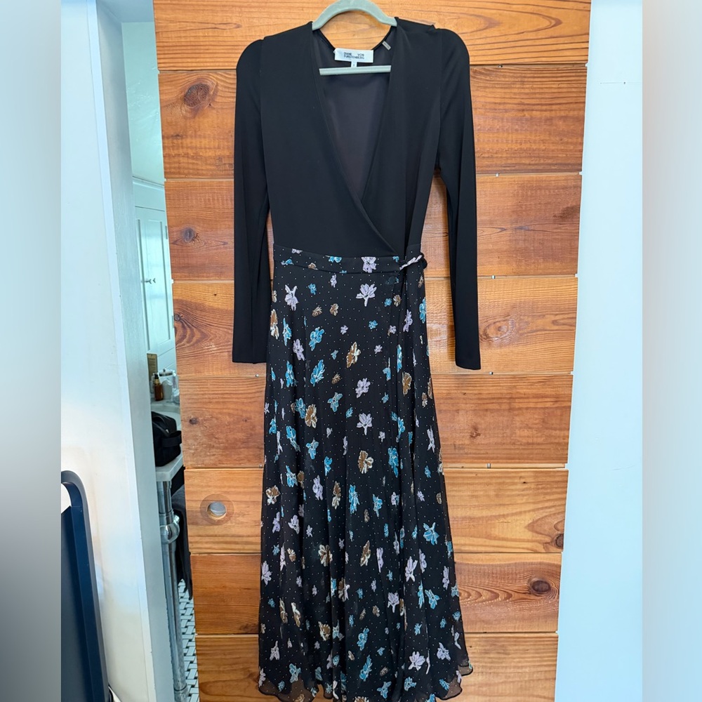 Diane Von Furstenberg Black Wrap Dress with Blue, Purple & Tan Floral Print